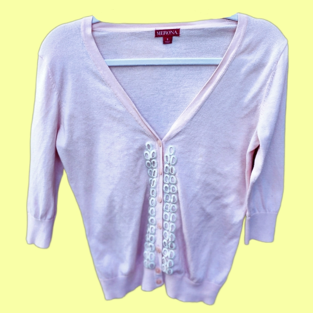 Vintage Y2k Merona Light Pastel Pink 3/4 Sleeve Button Swirl Cardigan Size S